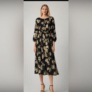 Elie Tahari Black and Gold Floral Midi Dress